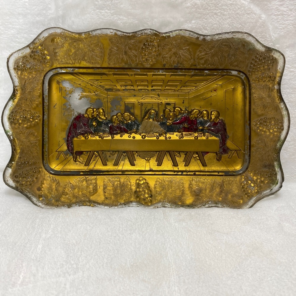 VTG Last Supper Hand Painted‎ Glass Trinket Dish Religious Decor
